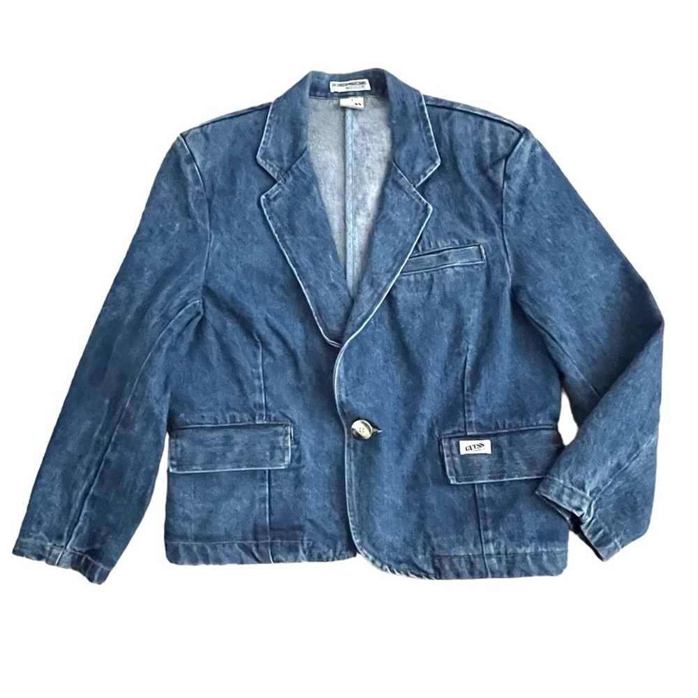 Vintage 90s Guess Denim Single Button Blazer with Shoulder Pads Boxy Fit USA